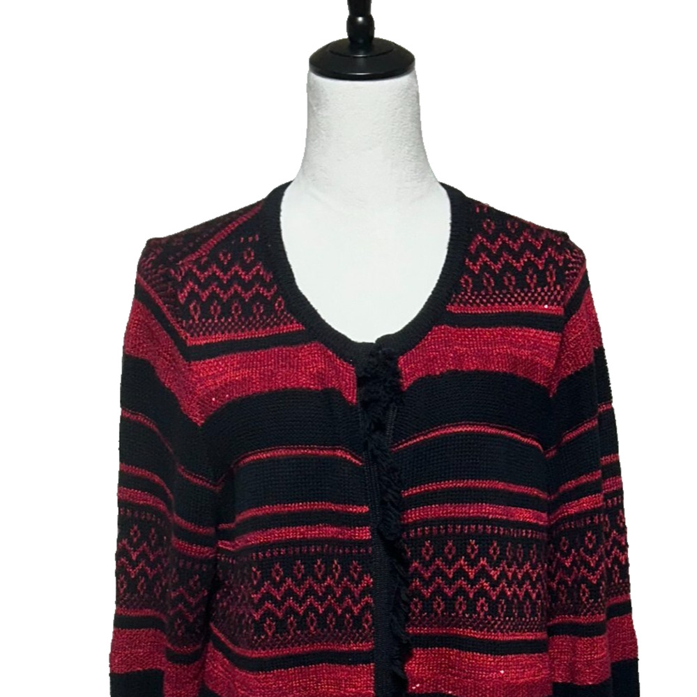 Chicos Cardigan Sweater XL 3 Black Red Sequin Metallic Fringe Accents Boho